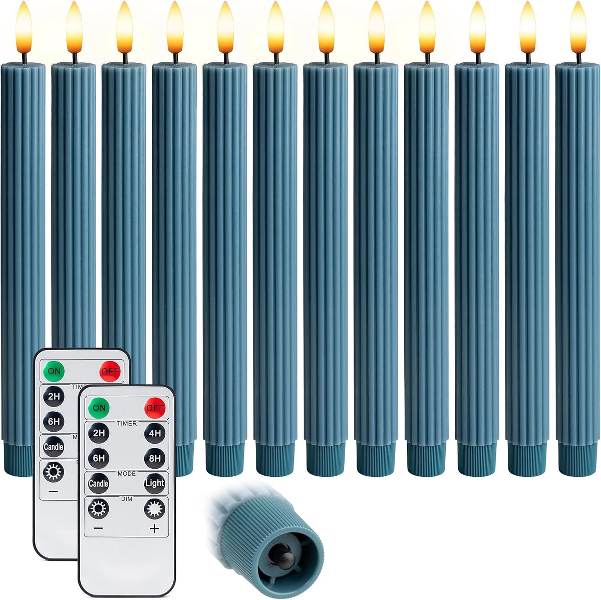 12 Pack, 10" LED Flameless Blue Fluted Ribbed Grooved Taper Candles with 2 Remotes & 24h Timer Memory, On/Off Button, Dimmable, Flicker Mode, Battery Operated, Christmas Menorah Wedding