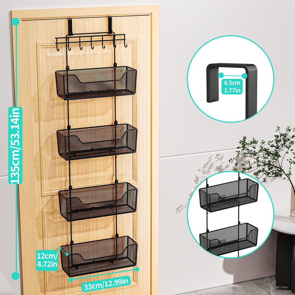 HapiRm Over The Door Organizer - Hanging Door Organizer with 4 Metal Large Capacity Baskets and Adjustable Coat Hook for Bathroom Bedroom Kitchen Pantry Closet Cabinet