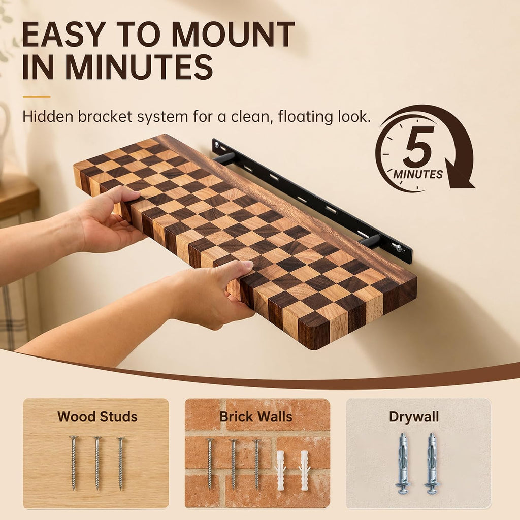 Floating Shelves for Wall, 24 Inch Solid Wood Checkered Wall Shelves