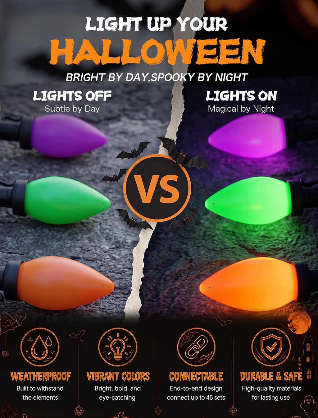 SUNSGNE 26FT 50 LED C9 Halloween String Lights, Orange Green Purple Bulbs