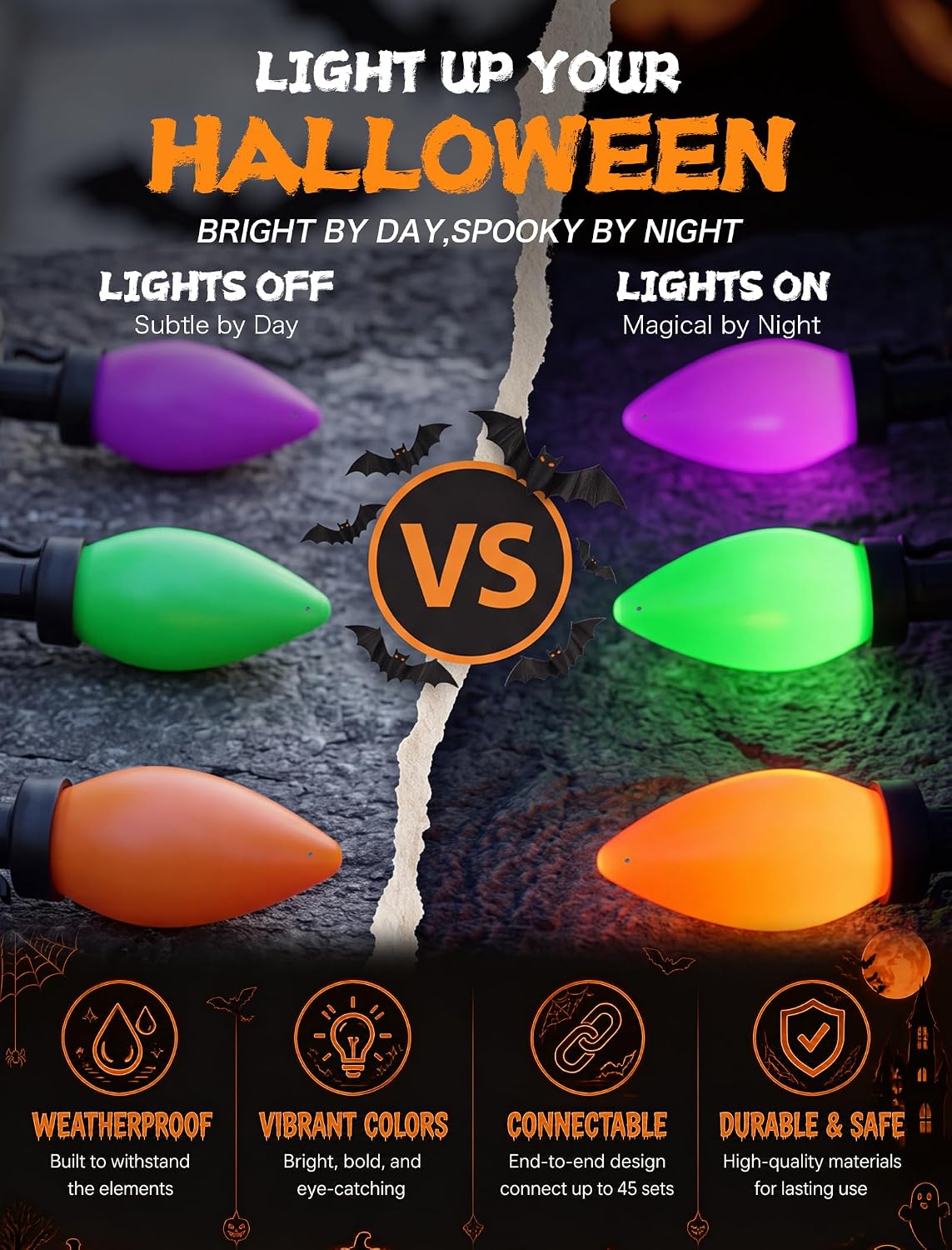 SUNSGNE 26FT 50 LED C9 Halloween String Lights, Orange Green Purple Bulbs