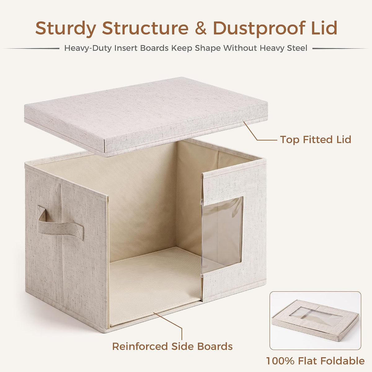 3-Pack Storage Bins with Lids & Clear Window, Foldable Fabric Closet Organizer Boxes, Stackable Cube Baskets with Soft Handles for Clothes & Blankets, 15", Beige