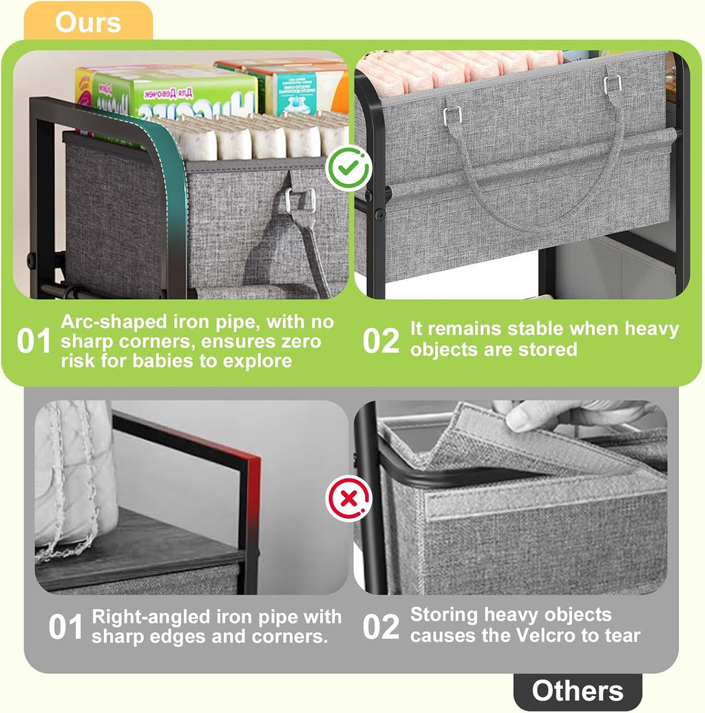 Cidaziya 2In1 Baby Diaper Caddy Organizer and Storage, 3 Tier Rolling Cart with Dividers and Drawers, Mobile Utility Cart Baby Dresser Clothes Organizer for Changing Table, Crib Nursery, Bedroom, Grey
