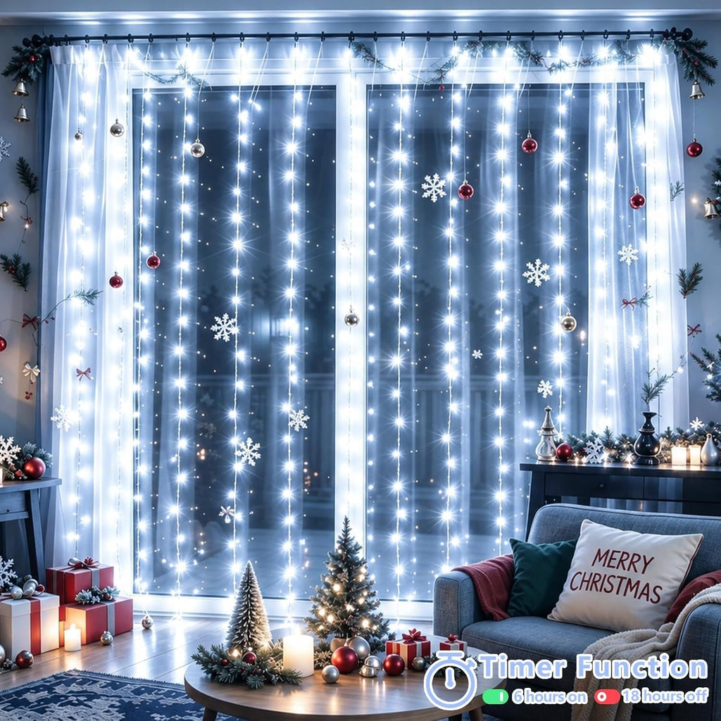YEGUO 300 LED White Christmas Lights, Curtain Lights Plug in, 8 Modes Hanging String Lights for Bedroom Wall Window Backdrop Indoor Outdoor Party Xmas Decorations-9.8x9.8ft