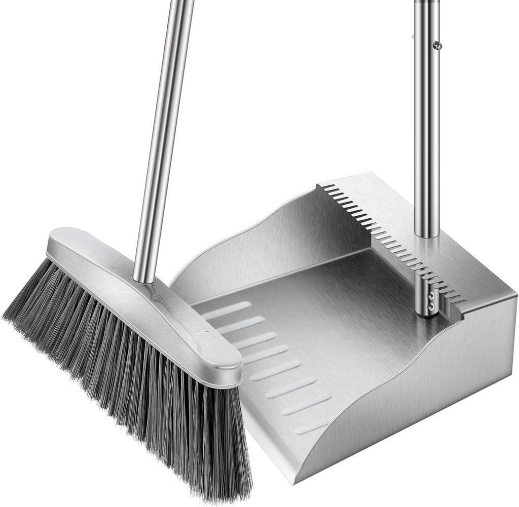 Dustpan with Broom Set,Long Handle Stainless Steel Dustpan and Broom Combo