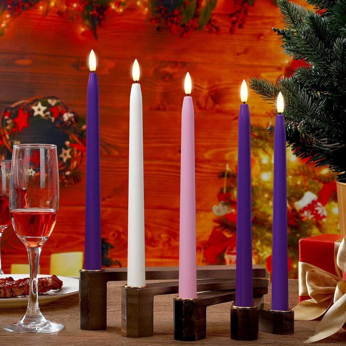 Stmarry Flameless Advent Candles, Set of 5 - Flickering LED Flame, 11 Inch Taper Candlesticks, Remote Controlled - 3 Purple, 1 Pink, 1 White for Christmas Wreath