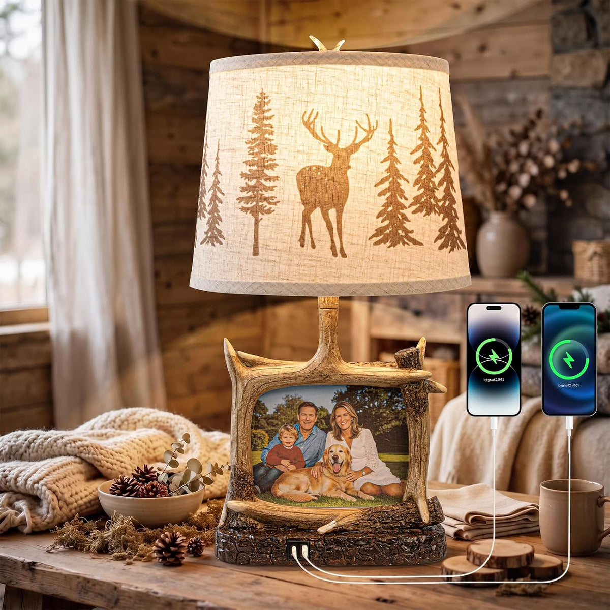 Dungoo 23" Rustic Antler Table Lamp with Picture Frame Lamp with USB-C Port