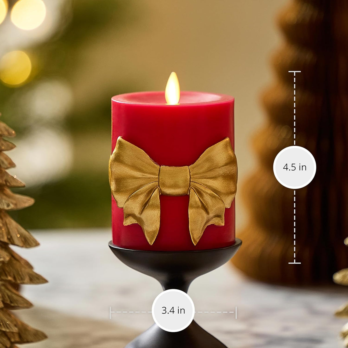 Luminara Flameless Candle 3.4" x 4.5" Real Wax w/Remote and Built-in Timer Moving Flame LED Battery Operated Holiday Red Pillar with Gold Bow Unscented Seasonal Christmas Decorations