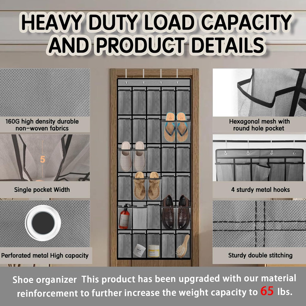 Over the Door Shoe Organizer with 30 Breathable Mesh Pockets (2PC-Gray)