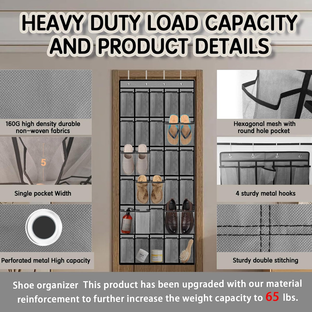 Over the Door Shoe Organizer with 30 Breathable Mesh Pockets (2PC-Gray)