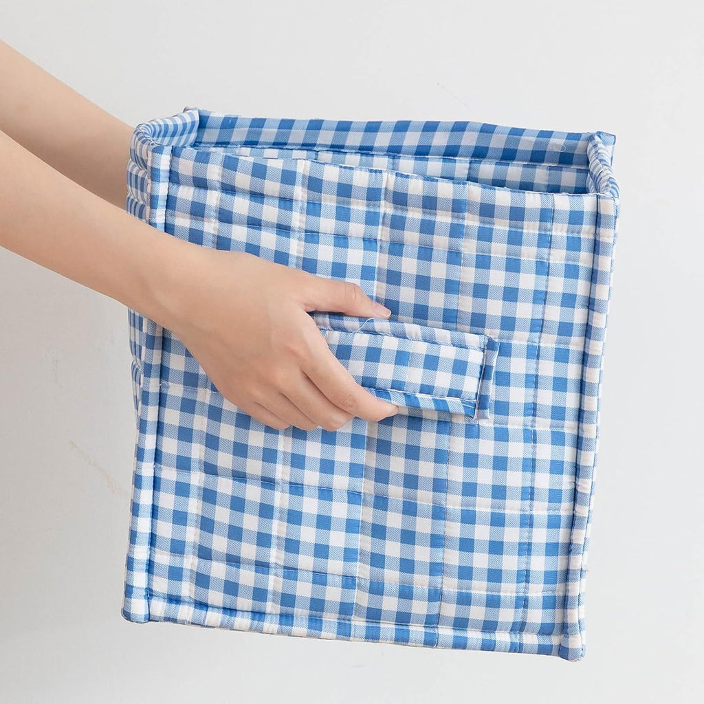 vctops Blue Gingham Storage Cubes Organizer, 11.4 Inch 3 Pack Collapsible Fabric Storage Bins with Handles for Organization, Closet, Shelves, Offices, Toys (Blue,11.4"x11.4"x11.4")