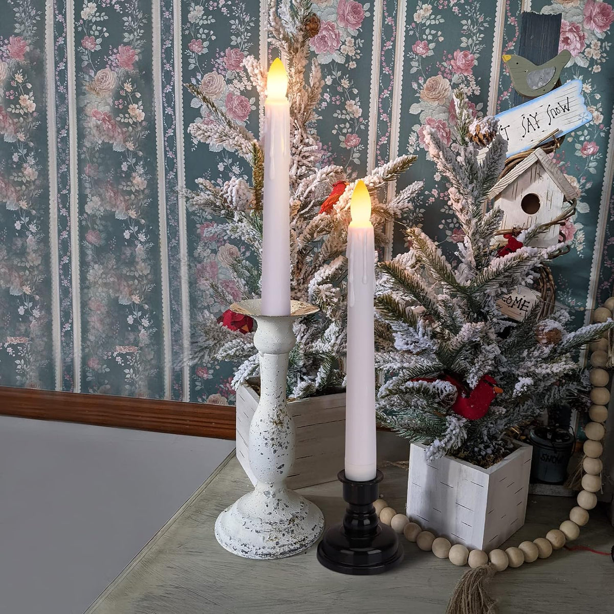 Daord LED Battery Operated Window Candle with Remote & Timer Flickering Warm Light Christmas Flameless Taper Candles for Party Holiday Wedding Home Table Decoration (Pack of 6,White+Black Holder(A))…