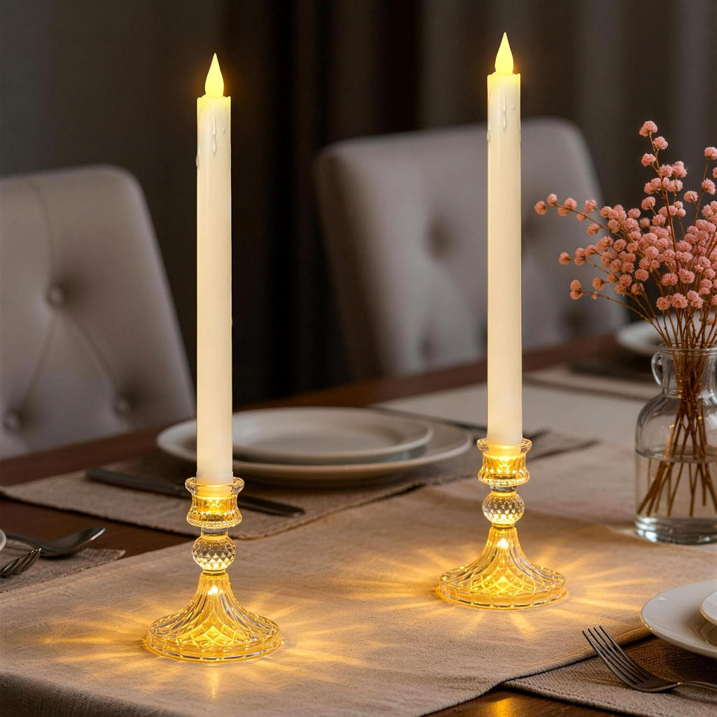 Flameless Taper Candles with Illuminated Glass Candle Holder, Remote Timer 2AA Battery Operated 500+ Hours for Thanksgiving/Xmas Decor, Wedding Centerpiece, Ivory, 2 Pack