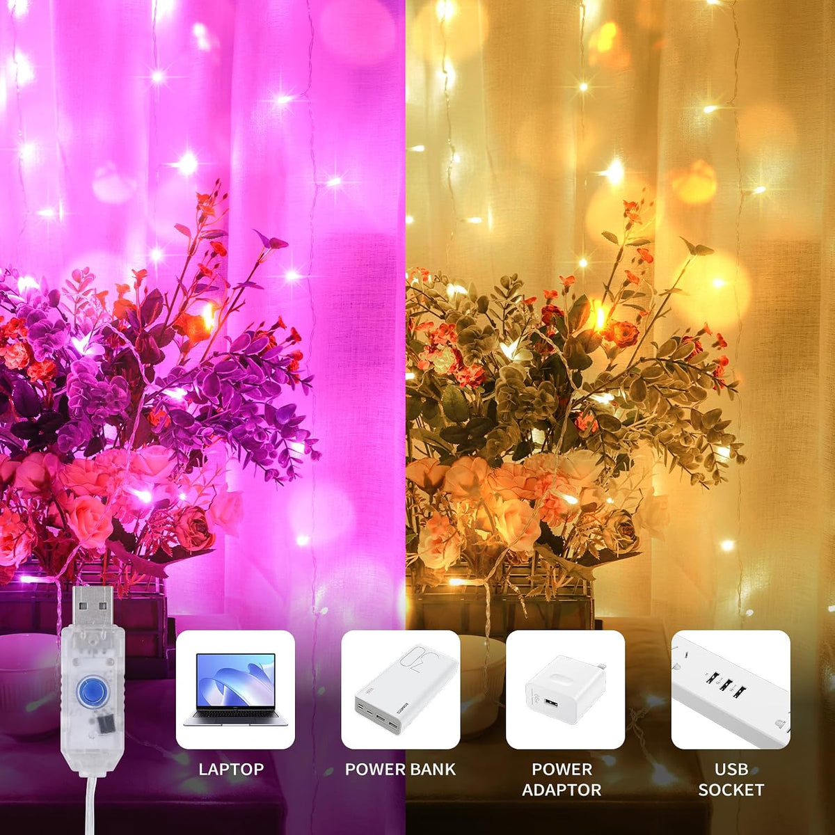 Color Changing Curtain Lights, Pink & Warm White Window String Decor