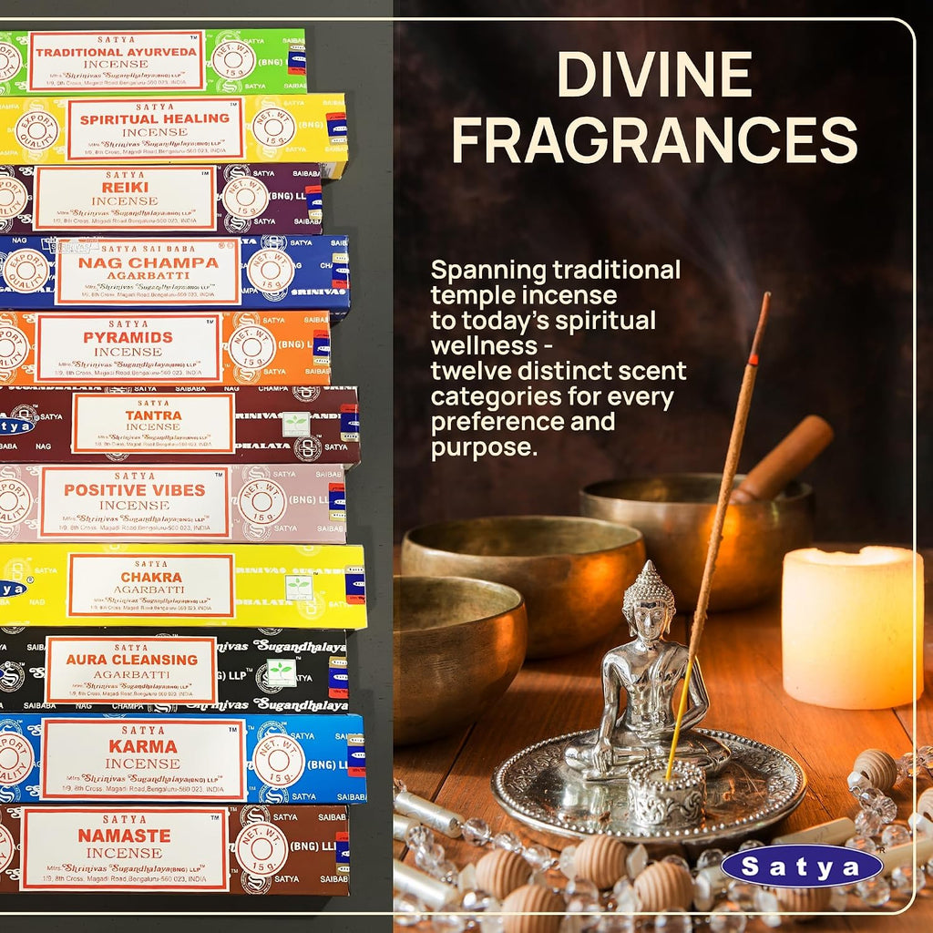 Satya Set of 12 Nag Champa Namaste Positive Vibes Tantra Buddha Blessing Aura Cleansing Chakra Pyramids Reiki Karma Spiritual Healing Traditional Ayurveda