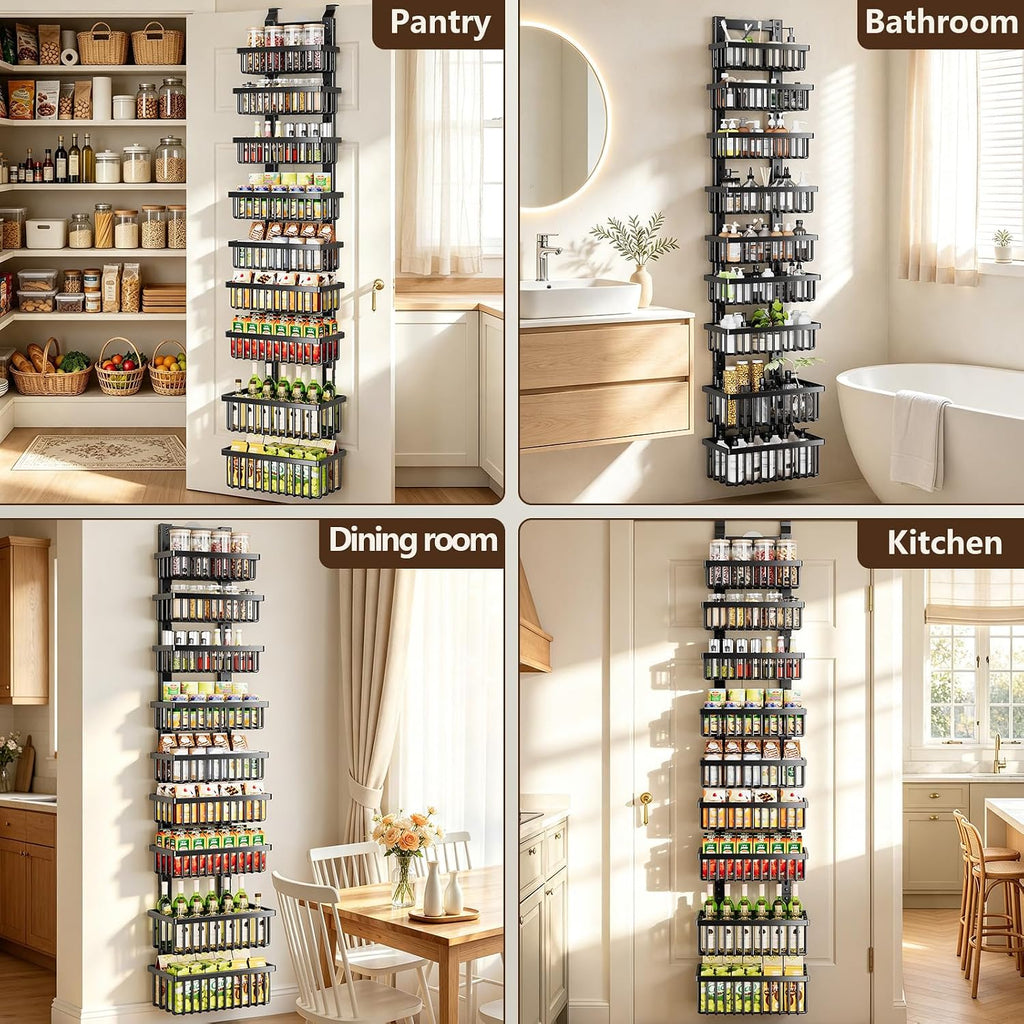 POKIPO 9 Tier Narrow Over The Door Pantry Organizer, 2 in 1 Wall Mount or Hanging Spice Rack with Adjustable Deep Basket, Heavy-Duty Seasoning Organizer and Storage for Kitchen Closet Bathroom