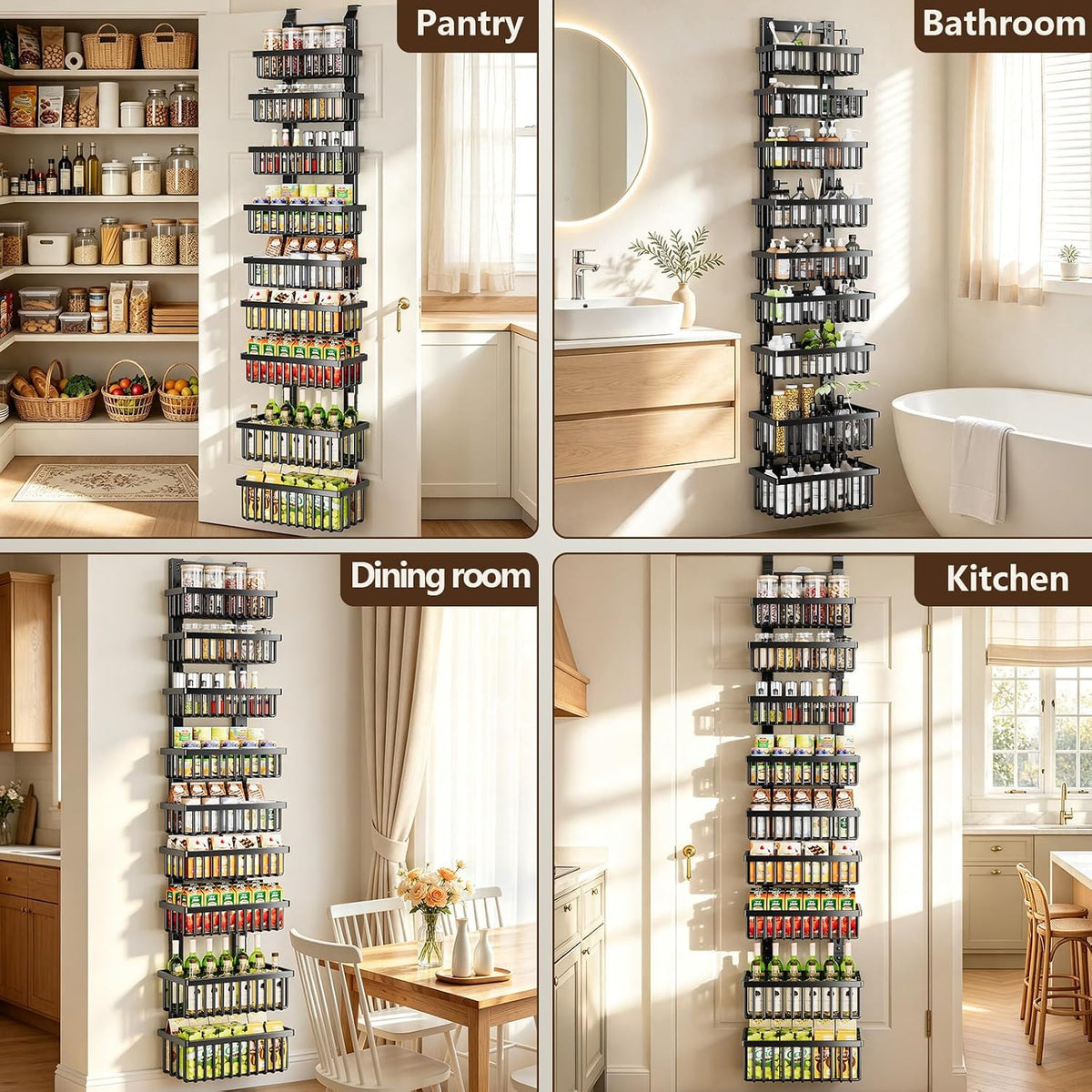 POKIPO 9 Tier Narrow Over The Door Pantry Organizer, 2 in 1 Wall Mount or Hanging Spice Rack with Adjustable Deep Basket, Heavy-Duty Seasoning Organizer and Storage for Kitchen Closet Bathroom