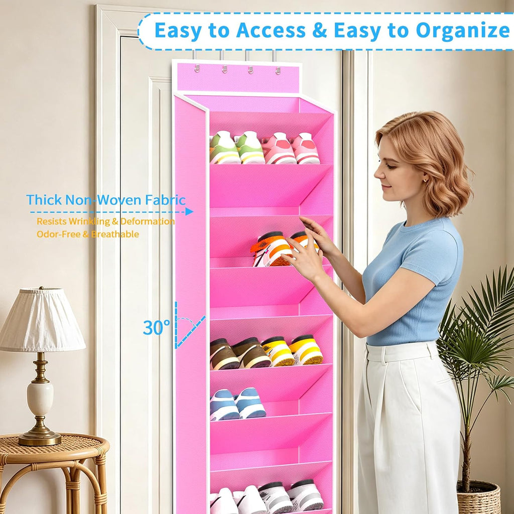 REGELETO 10-Tier Over the Door Shoe Organizer, Hanging Shoe Rack Holder with Deep Pockets for Sneakers Boots, Fits 20 Pairs Non-Woven Fabric with Stainless Steel Hooks. (Pink)