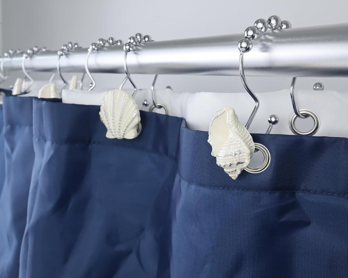 Shower Curtain Hooks Rings, 12PCS Pearl Shine Seashell Shower Rings, Anti Rust Decorative Double Glide Shower Hooks for Beach Bathroom, Baby Room, Bedroom, Living Room Décor