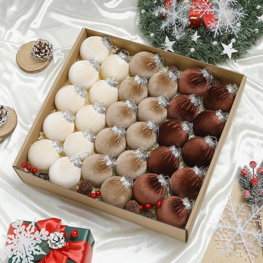 Velvet Christmas Balls Set 30pcs Velvet Christmas Tree Ornaments Shatterproof Xmas Hanging Balls Decorative Hanging for Xmas Holiday Family Home Store Indoor Decor,2.4inch,Neutral,Champagne,Brown