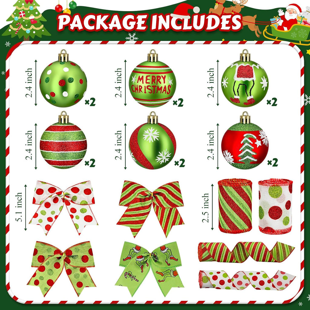 Christmas Tree Ornaments, 18 PCS Christmas Decorations Set with Red and Green Hanging Balls & Christmas Bows & Ribbon, Shatterproof Bulbs for Navidad Tree Decor and Holiday Party