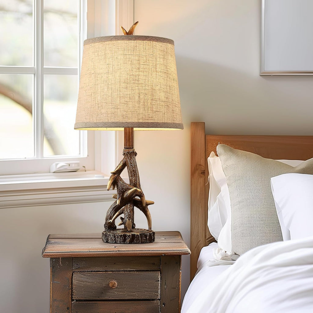 23'' Rustic Farmhouse Table Lamps Set of 2 Deer Antler Lamps for Bedroom Nightstand Lamp Western Cabin Side Lamp for Living Room End Table Study Room Desk,Brown