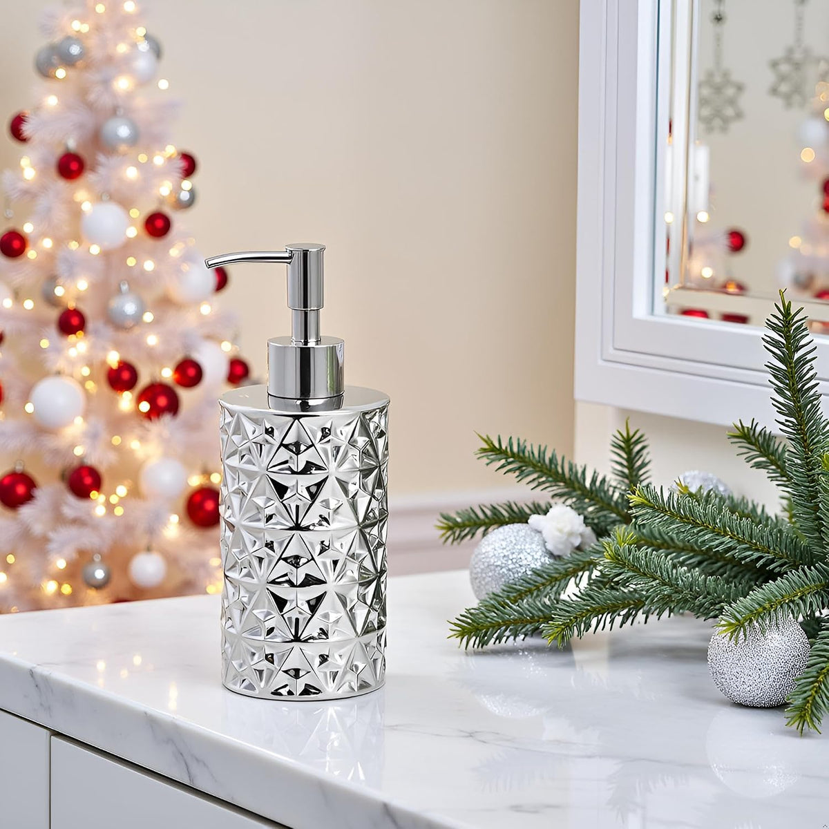 12 Oz Ceramic Soap Dispenser with Rust Proof Stainless Steel Pump,Refillable Diamond Lotion Soap Dispenser for Bathroom, Kitchen, Hand Soap, Dish Soap,Shampoo, Ideal for Bathroom Countertop. Silver.