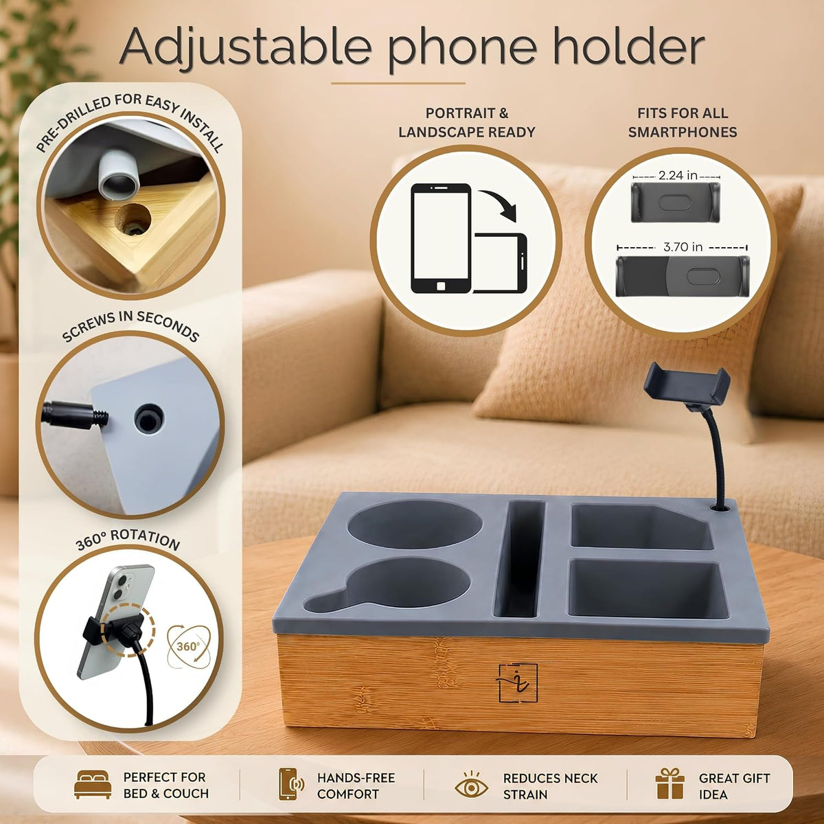 Couch Caddy with Cup Holder | Wood Couch Cup Holder Tray for Drinks, Snacks & Remotes | Sofa Couch Organizer with Phone & Cup Holder Tray (Grey)