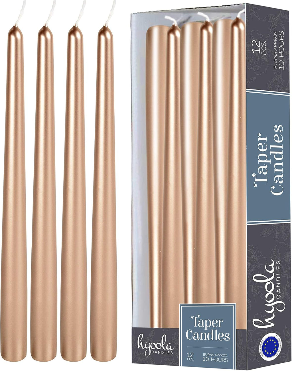 Hyoola 12 Pack Tall Metallic Taper Candles - 12 Inch Copper Metallic, Dripless, Unscented Dinner Candle - Paraffin Wax with Cotton Wicks