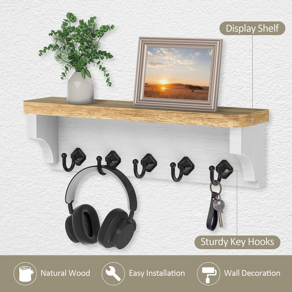 Nekon Key Holder for Wall, 11.8" W x 3.5" H x 2.8" D Wall Shelf, Wood