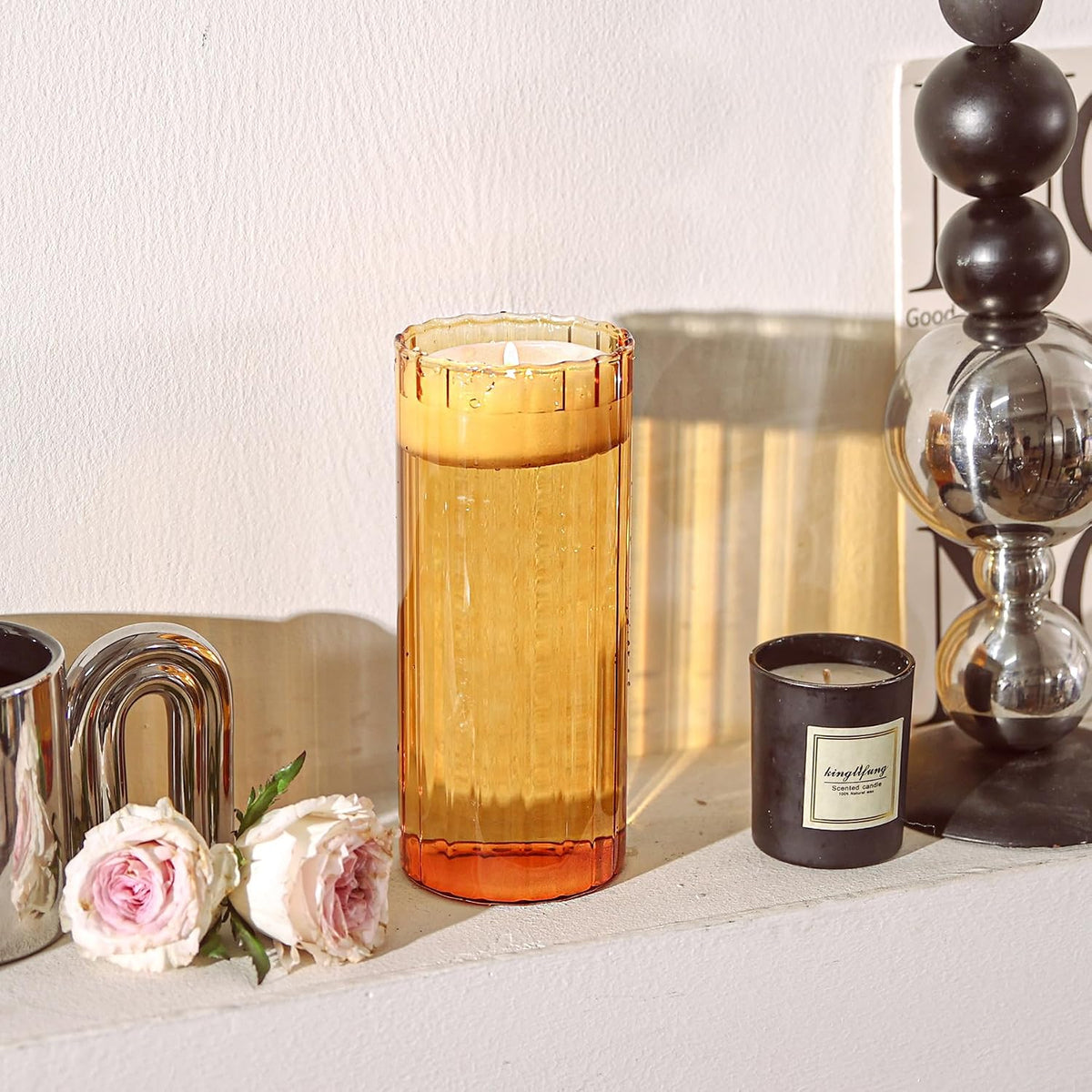 ComSaf Glass Cylinder Vase 8 Inch Tall, Amber Ribbed Decor for Centerpieces