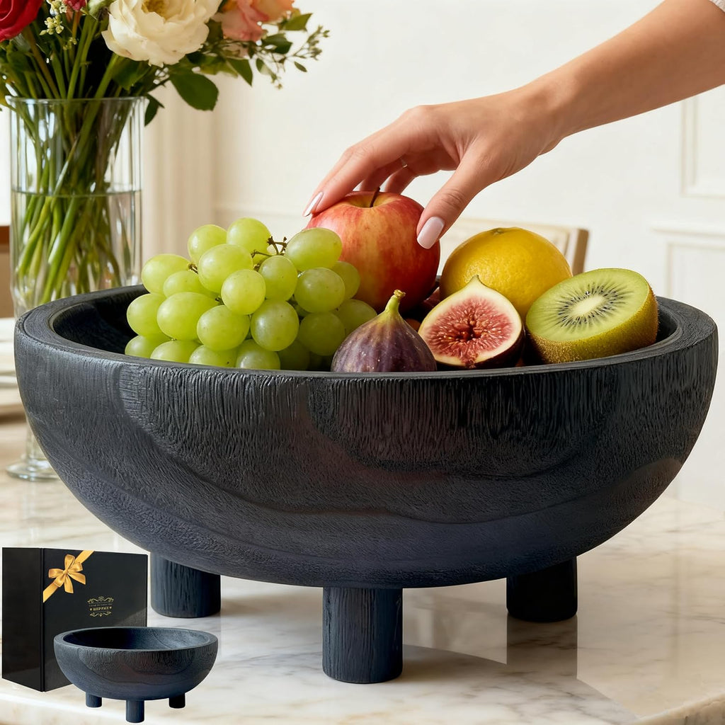 Premium 11" Large Charred Black Wooden Bowl Coffee Table Decor,Dining Decor Centerpiece-Fruit,Snack,Serving Bowl for Kitchen Counter,Farmhouse&Home Decor,Wedding Display-Housewarming Gift