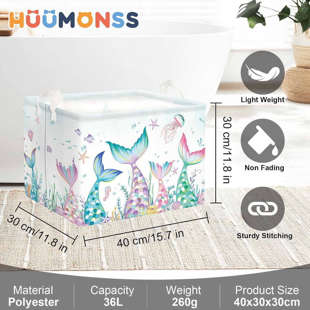 Fantasy Princess Laundry Hamper Colorful Large Storage Basket Collapsible Parents Organizer Kids Toy Clothes Bins for Bedroom, Bathroom, Mermaid, 36L