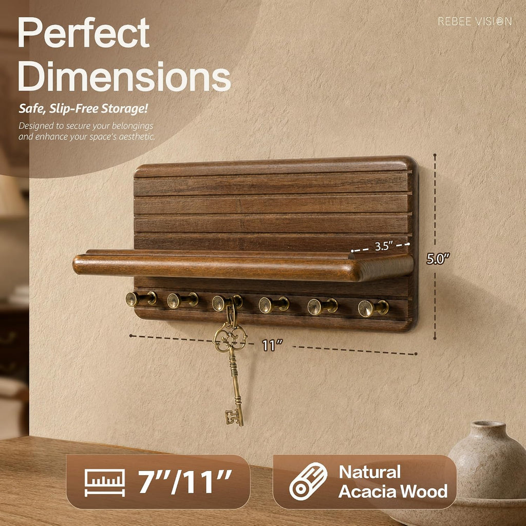 Rebee Vision Acacia Wood Key Holder Wall Mount for Entryway, Brown