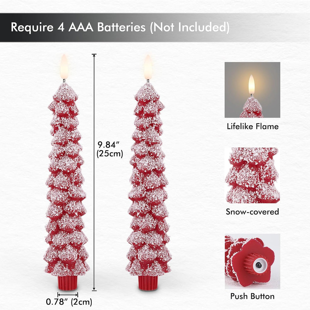 Fanna Red Christmas Tree Candles with Remote Realistic Snow Covered, Flameless LED Taper Candles in Real Wax with Timer for Winter and Christmas - H 9.8" - Set of 2