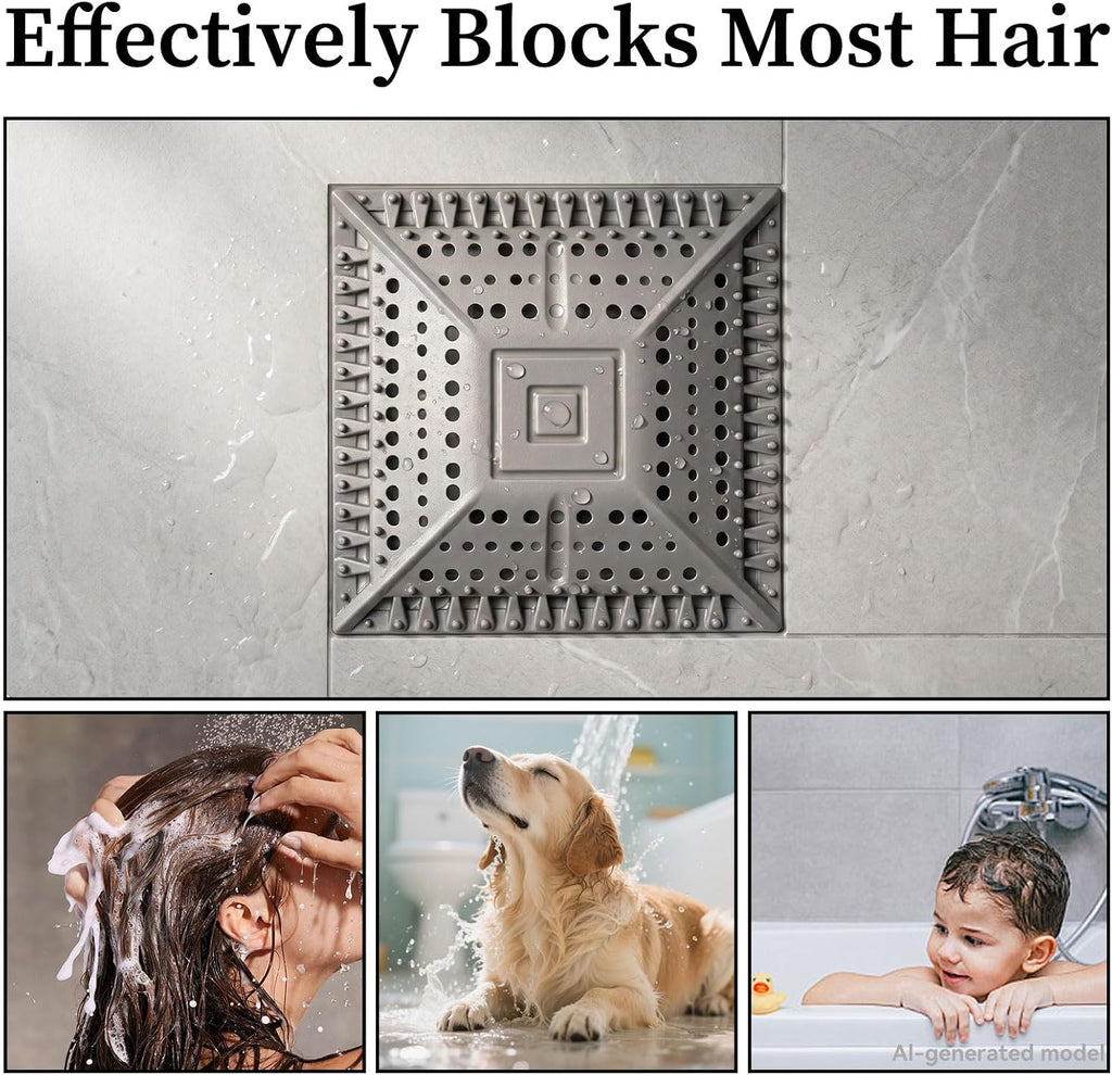 Square Silicone Shower Drain Hair Catcher, Grey