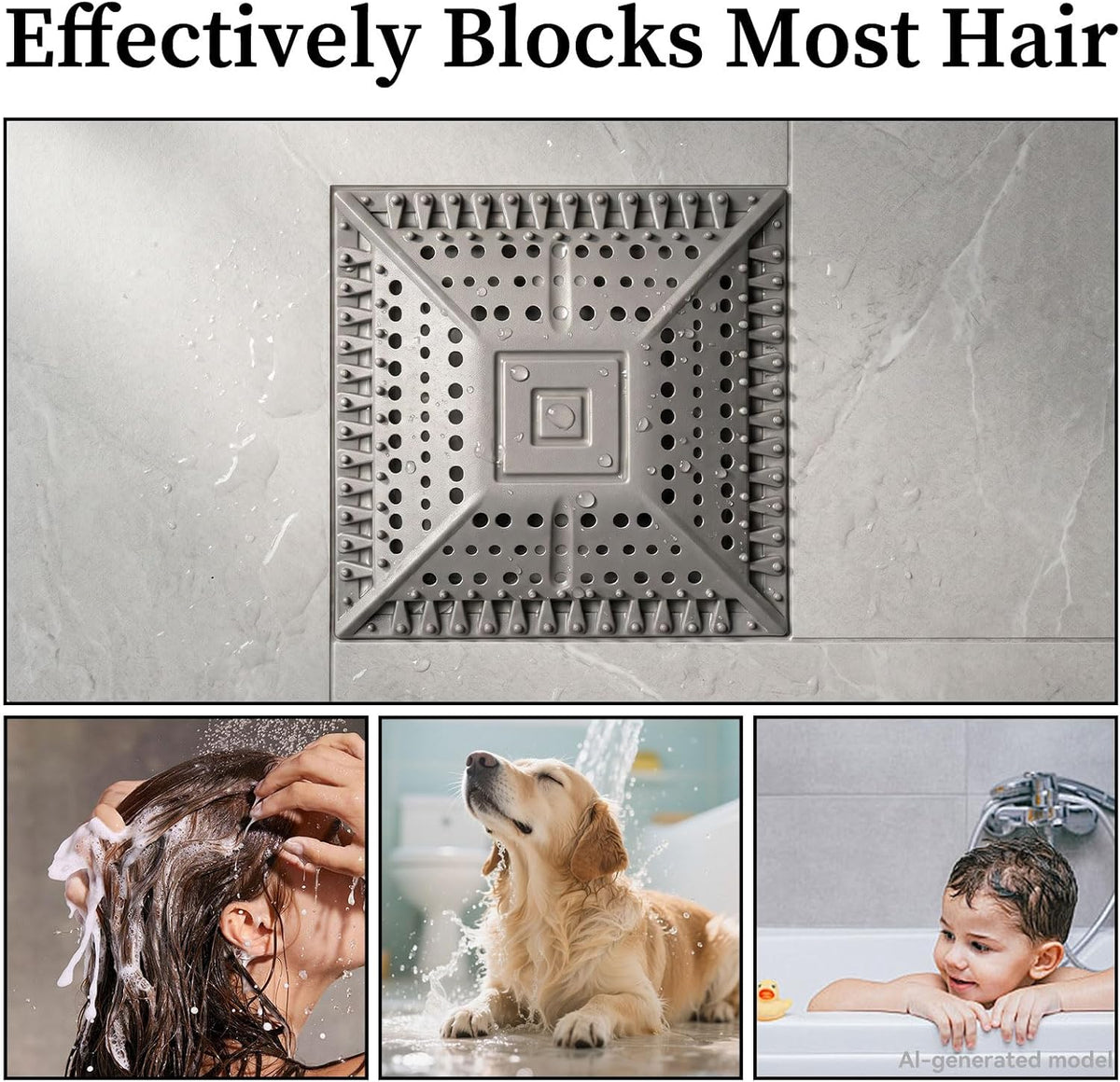 Square Silicone Shower Drain Hair Catcher, Grey