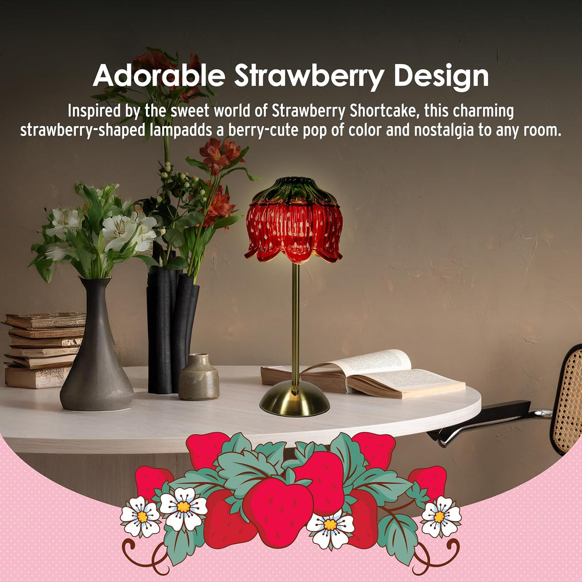 Strawberry Shortcake Touch Lamp- Red Glass Strawberry Shade, USB-C Rechargeable, 3 Dimmable Light Temperatures, LED Desk Lamp, Brush Brass Base & Pole, Cute Décor for Girls' Bedroom, Housewarming Gift