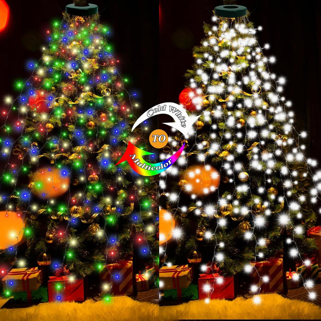 Wafloter 9.2ft x 16 Lines Multicolor to White Color Changing Christmas Tree Lights with Ring, 480 LEDs Xmas String Lights w/Remote,11 Light Mode, Timer & Memory for 5-9.2ft Christmas Tree Decorations