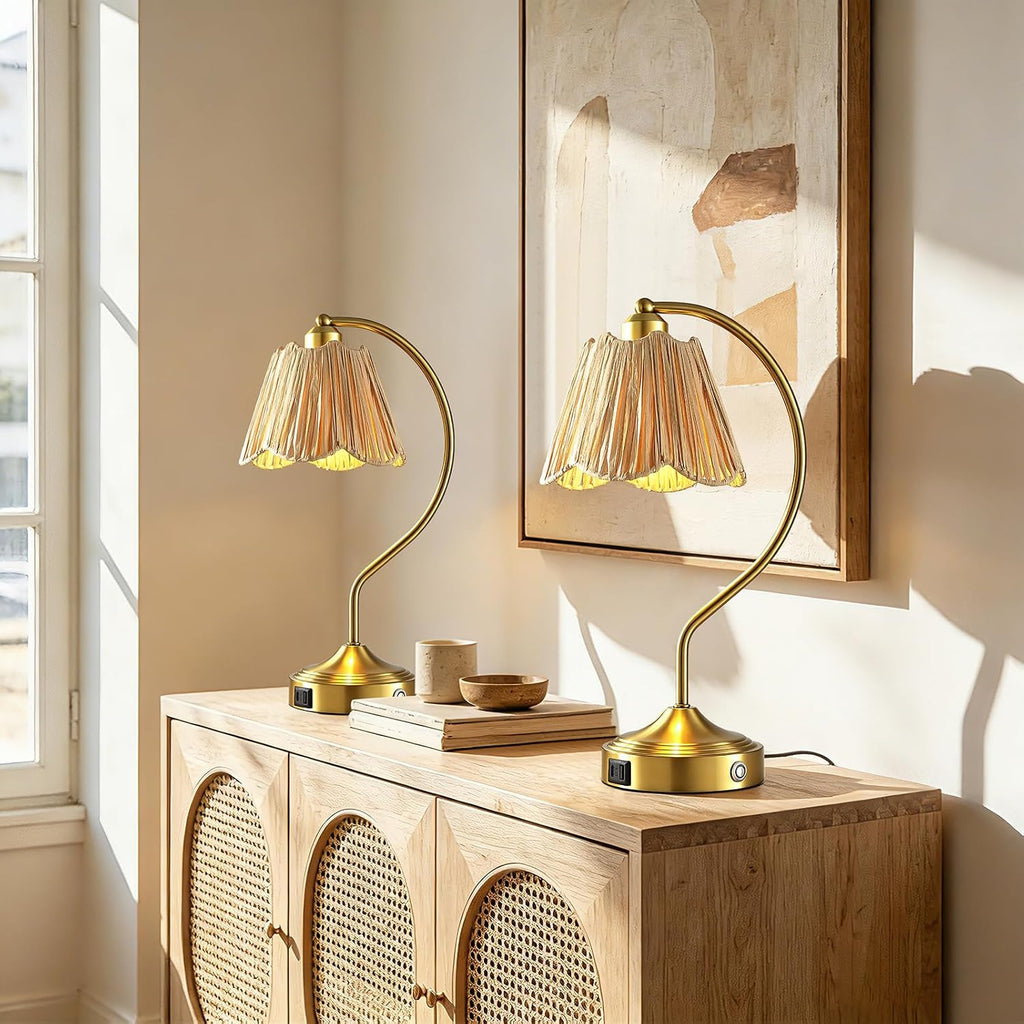 Set of 2 Boho Rattan Small Touch Table Lamps with USB C+A Ports