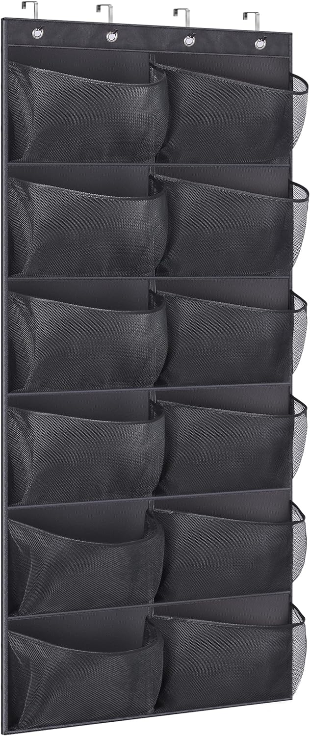 KIMBORA Boots Hanging Shoe Organizer for Closet 12 Extra Large Mesh Pockets Over The Door Shoe Rack for Men Shoes Size 16, Black
