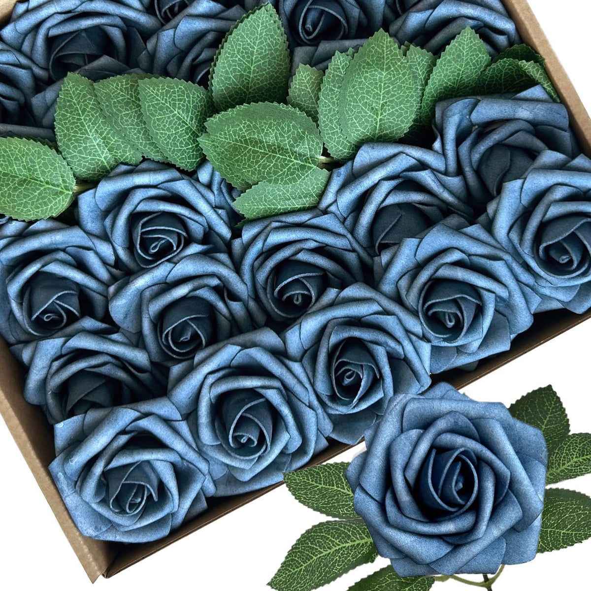 25pcs Dusty Blue Shades Foam Fake Rose with Stems 8 Leaves Real Looking Artificial Flowers Faux Navy Blue Roses for Wedding Bouquets Bridal Shower Centerpieces Arrangements Party Tables Decorations