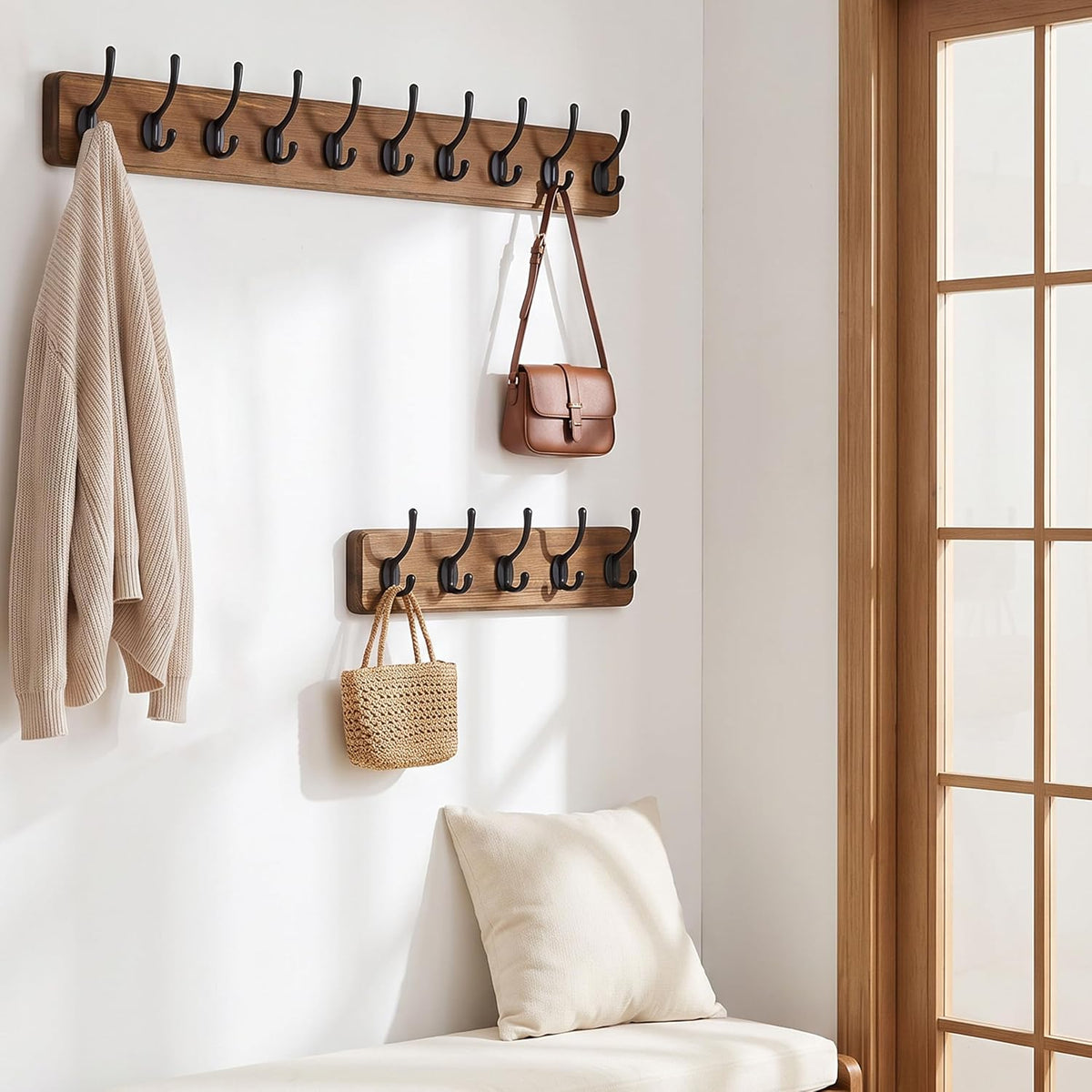 WEBI Coat Rack Wall Mount,Coat Hooks Wall Mounted,16" Hole to Hole,Coat Hanger Wall,Hook Rack Rail,5 Hooks for Hanging Jacket,Clothes,Hats,Rustic Brown