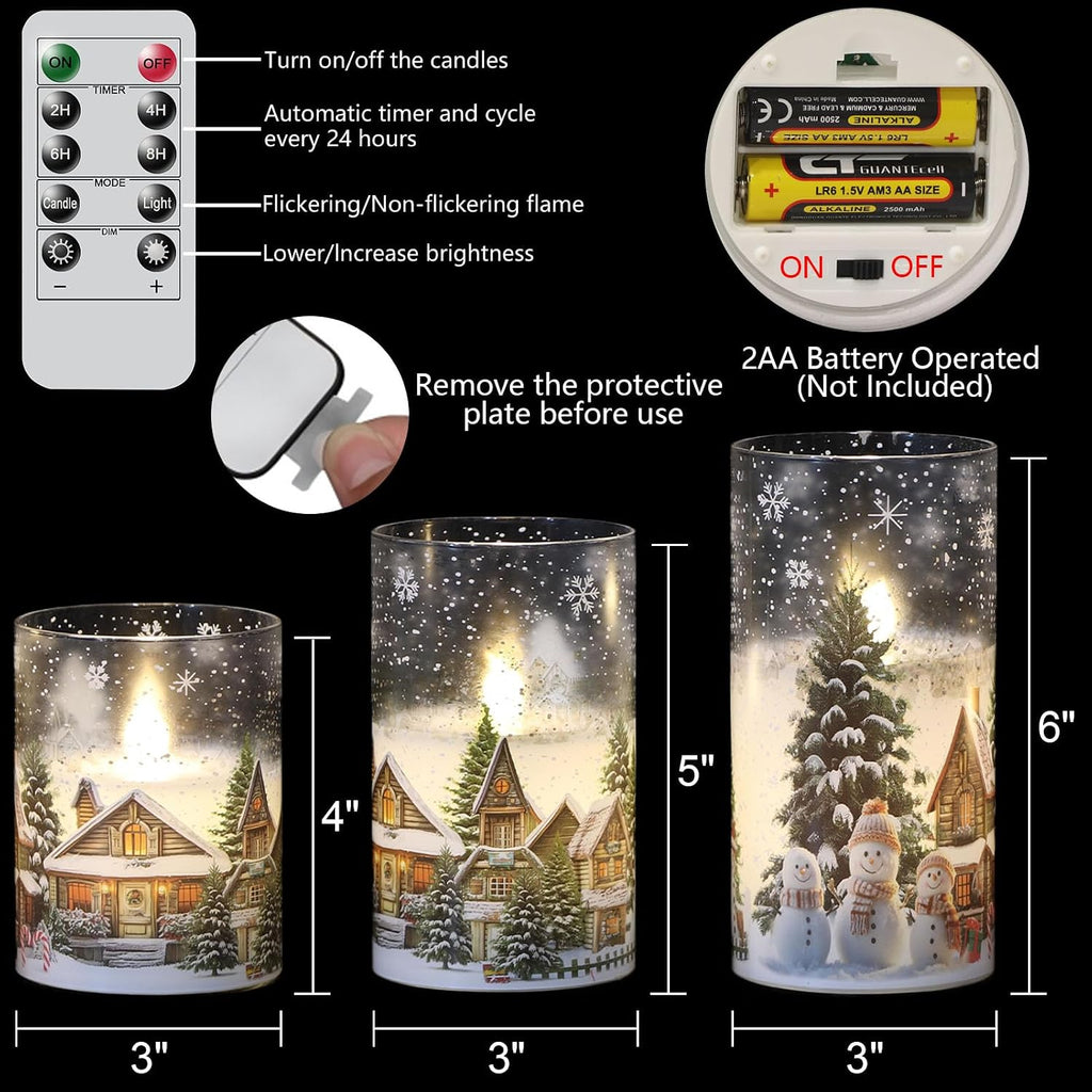 Eldnacele Snowman House Glass Christmas Flameless Candles with Remote Timer