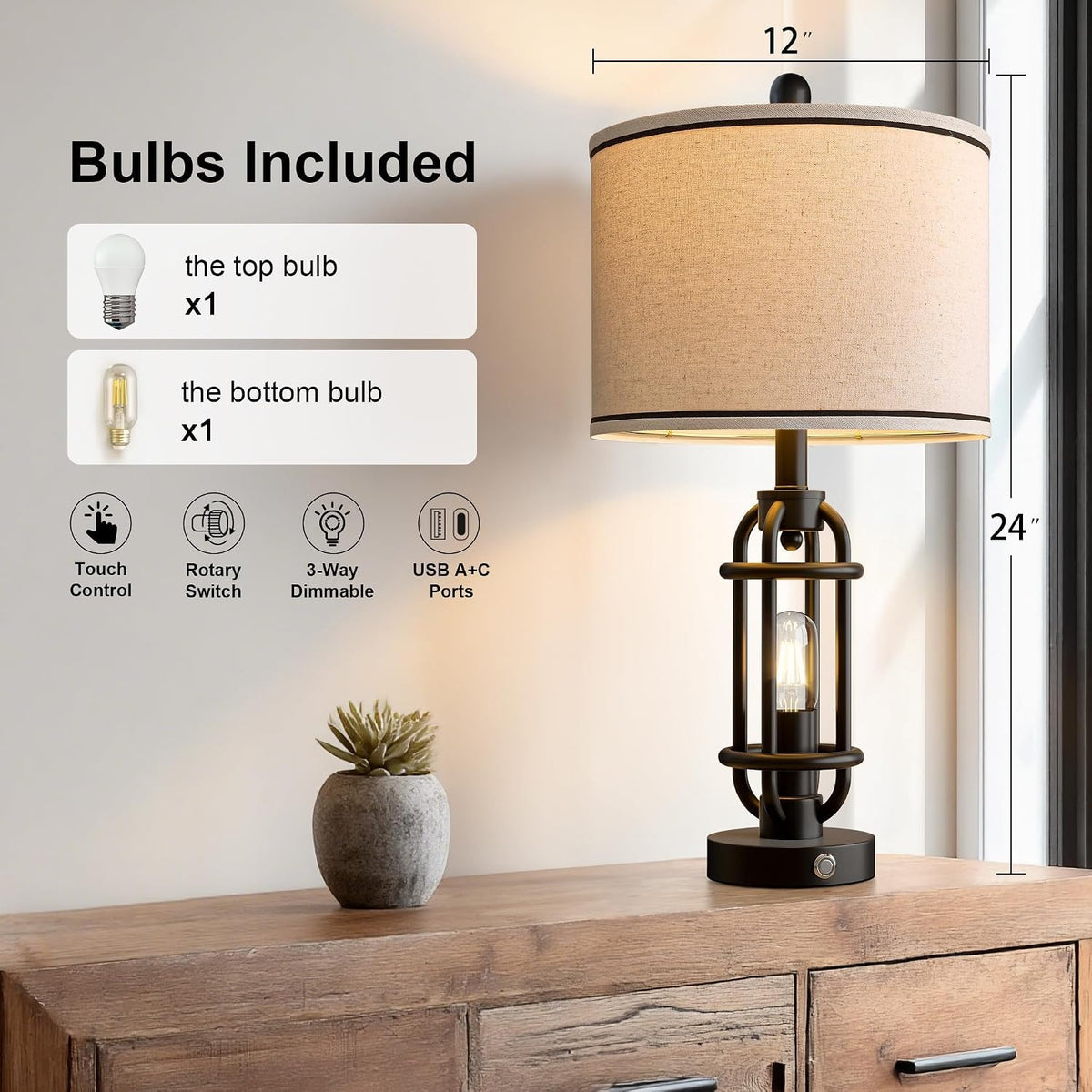 G-SAFAVA 24'' Table Lamps for Living Room Bedroom Industrial Touch Lamp with USB A+C Ports, Night Light Farmhouse Vintage Nightstand Bedside Lamps for Night Stands Metal Black, Bulbs Included