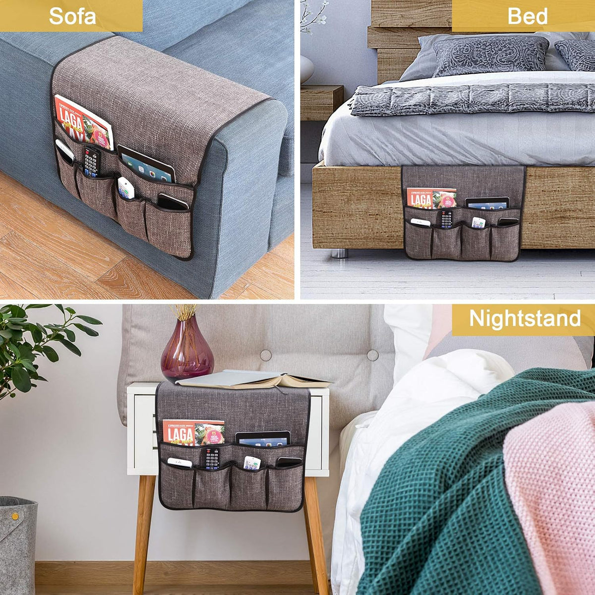 Sofa Armrest Organizer Non-Slip Remote Control Holders for Recliner Couch Chair Armchair Caddy with 5 Pockets for Table,Cell Phone,Ipad,Magazines,Books (Darkgrey, 19 x 35 Inch)