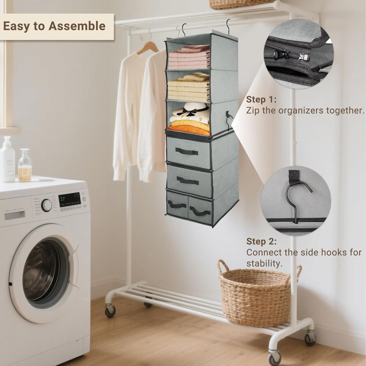 2-in-1 Durable 6-Tier Hanging Shelves Closet Organizer with 4 Removable Drawers,2 Separable 3-Shelf Hanging Clothes Storage Organization Space-saving for Clothing Rack,Bedroom,Bathroom,Guestroom,Dorm