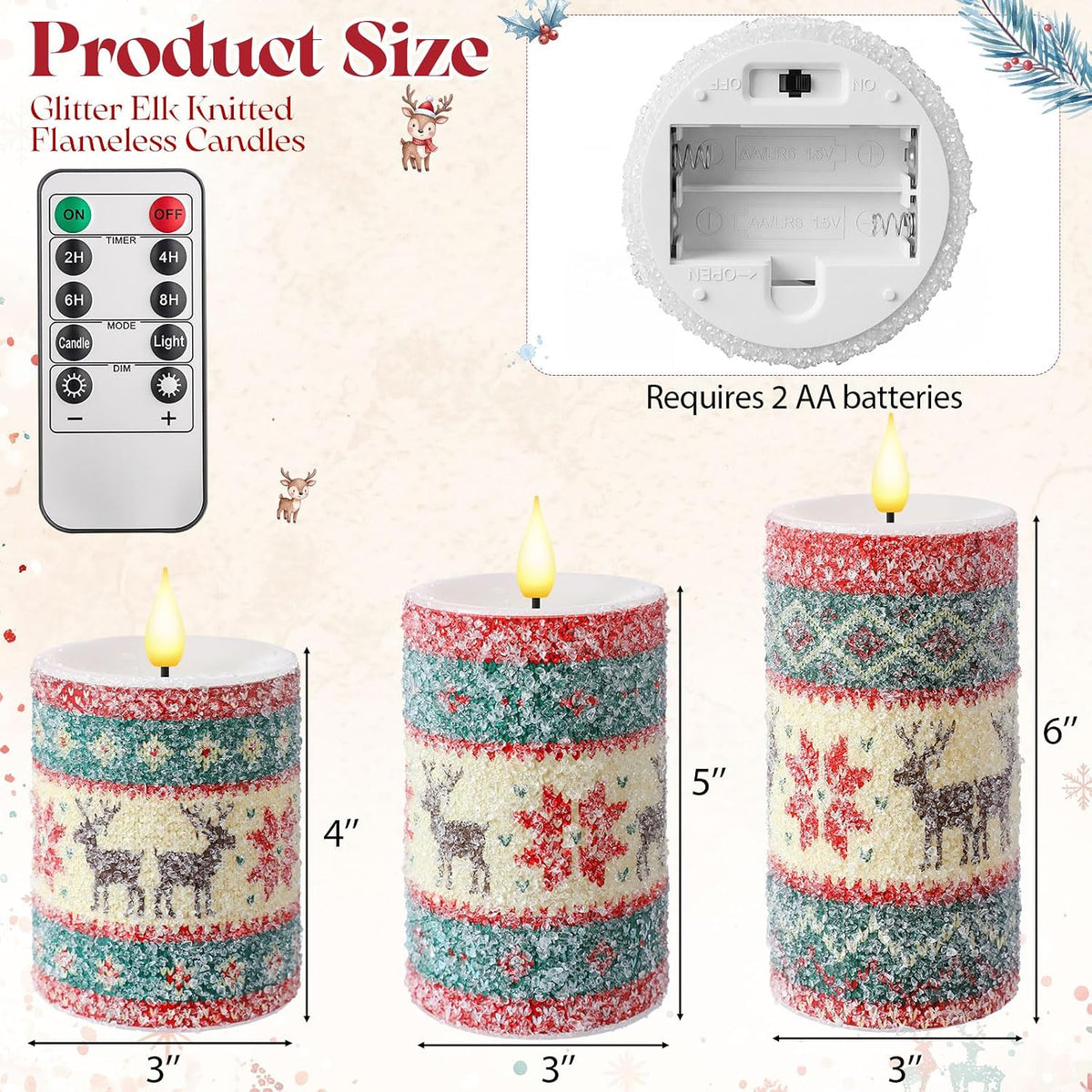 Retisee 3 Pcs Christmas Elk Knitted Sweater Flameless Candles 4" 5" 6"
