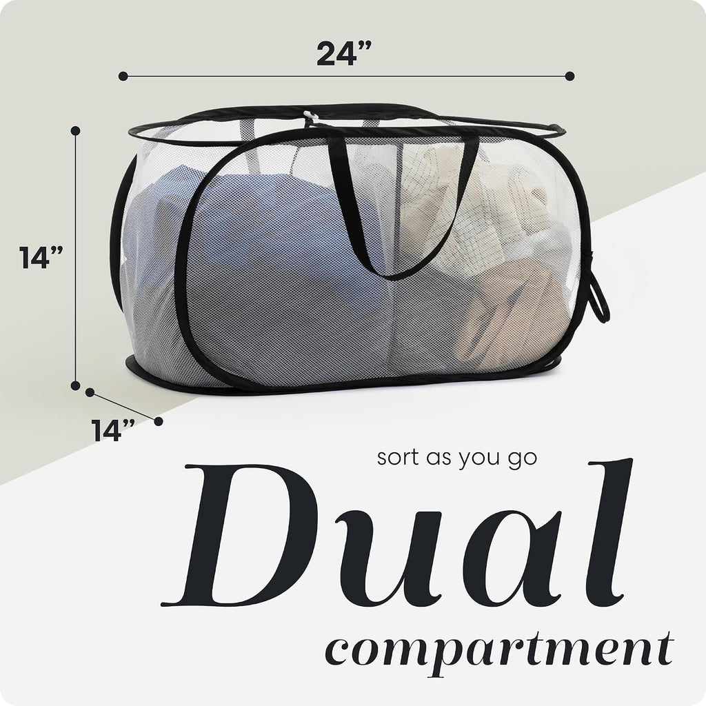 Foldable Laundry Basket - Popup and Collapsible, Durable Mesh Material, Folds for Storage, Easy Carry Handles - Great Hamper for College Dorm, Laundry Room or Travel (White-Black, 2-Compartments)