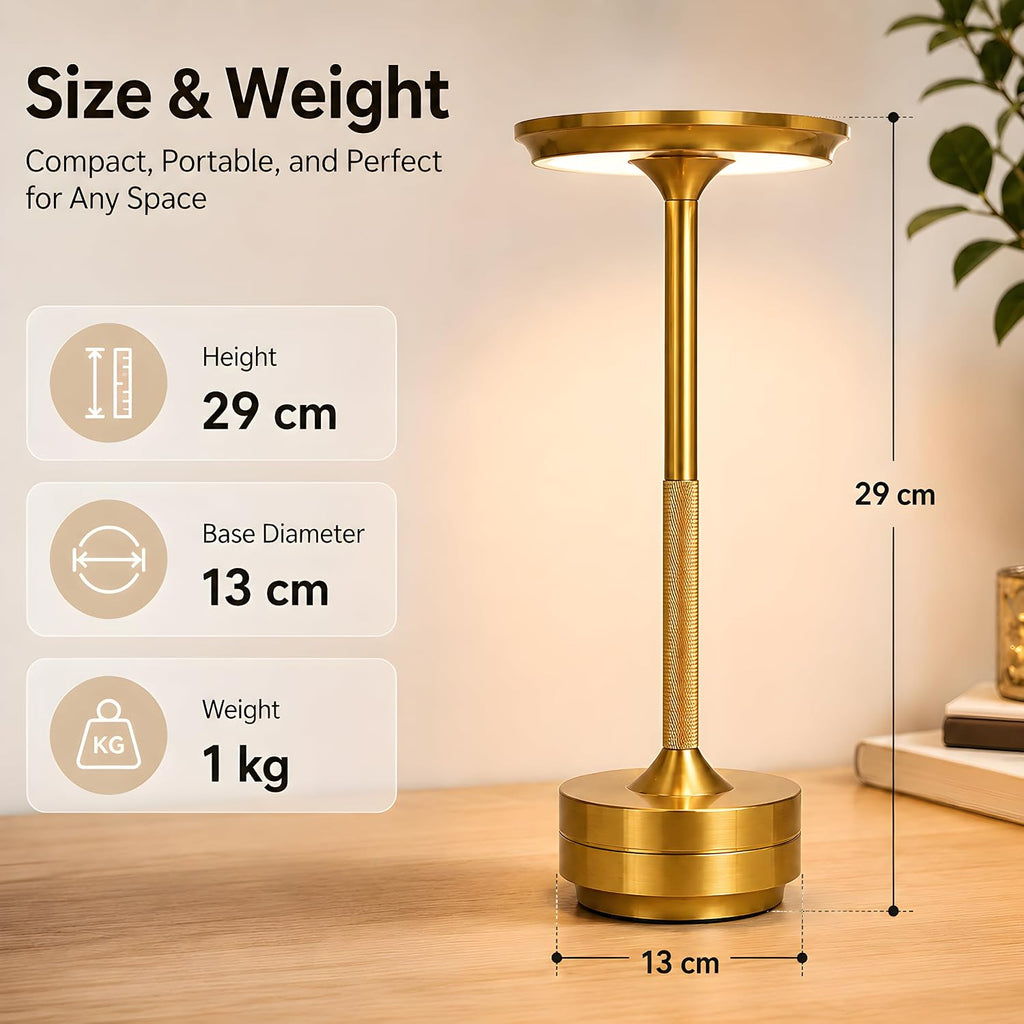 Cordless Rechargeable LED Table Lamp, 11.5 inches Modern Portable Desk Lamps 3 Colors Adjustable Brightness, 2600 mAh Battery Powered Table Light for Bar Restaurant Dining Golden 1Pcs